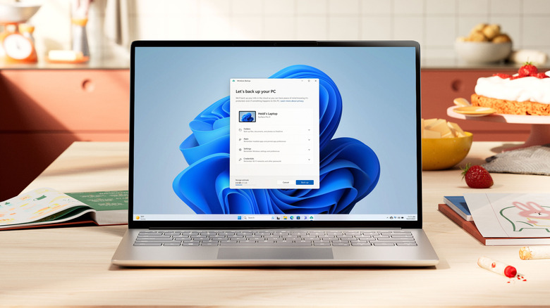 Laptop showing Windows 11 with backup setup