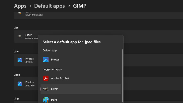 Setting a default app for JPEG in Windows 11 Settings