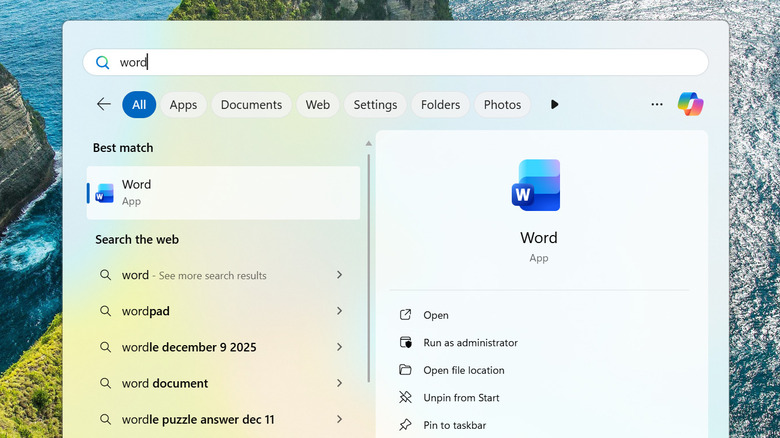 Windows 11 Start Menu showing web results