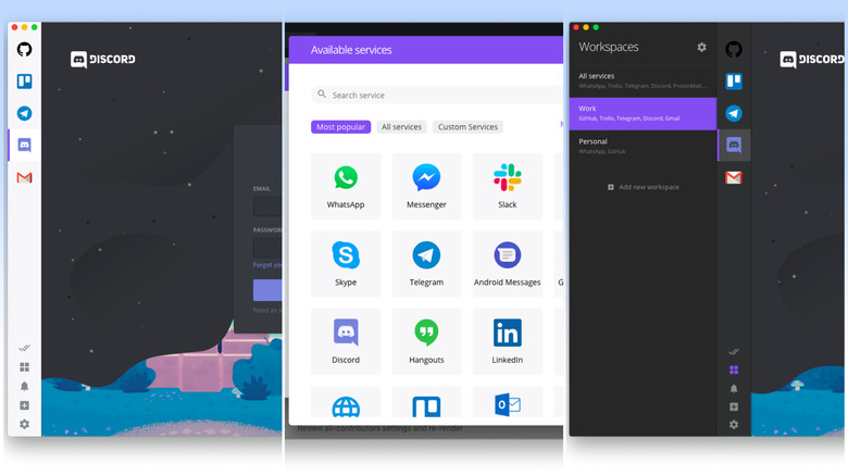 A series of screenshots showing the Ferdium app features