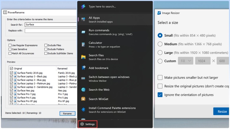 A series of screenshots showing the various PowerToys tools and utilities
