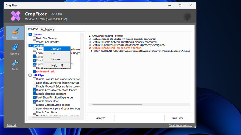 CrapFixer program open on the desktop