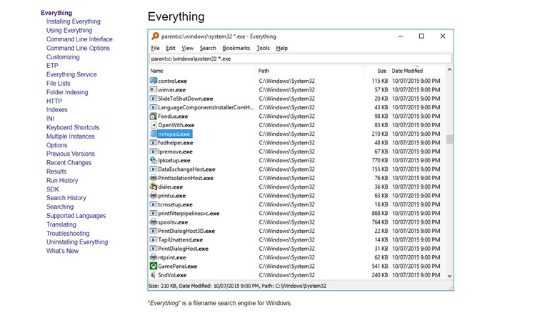 Screenshot of Everything program on voidtools website