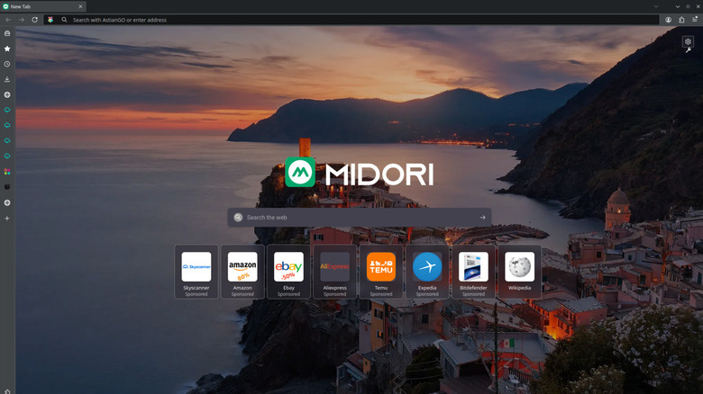 Homescreen of the Midori web broswer showing several website links