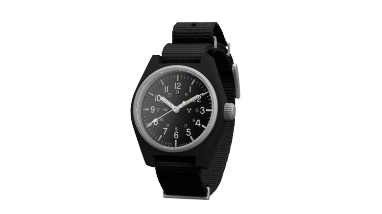 Marathon analog watch with a black strap shown on a white background.