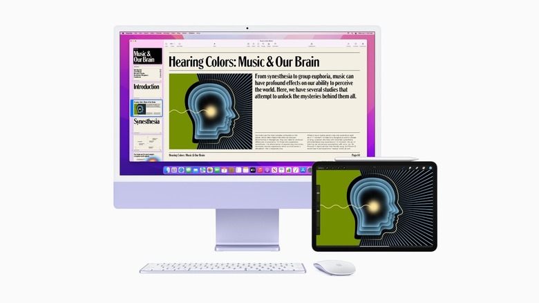 Mockups of an iMac and iPad with Universal Control feature on