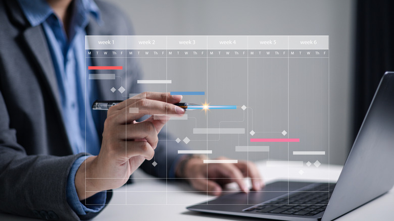 person working on laptop superimposed with a calendar graphic