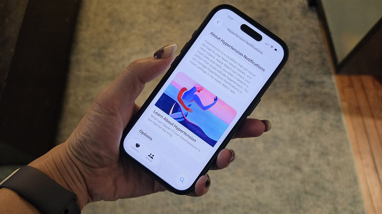 An iPhone showing the hypertension notifications page of the Apple Health app.