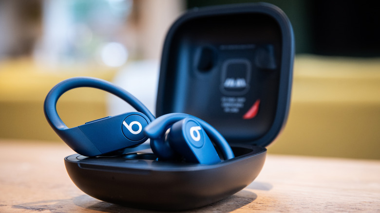 The Powerbeats Pro earbuds in their case.