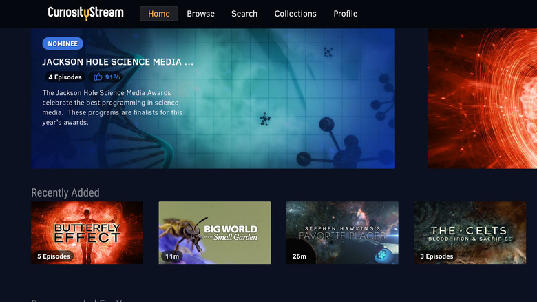 A screenshot showing the Fire TV version of the Curiosity Stream