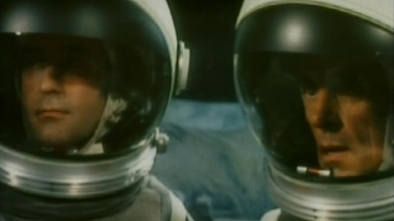 Garrick Hagon and Barry Lowe in space suits.