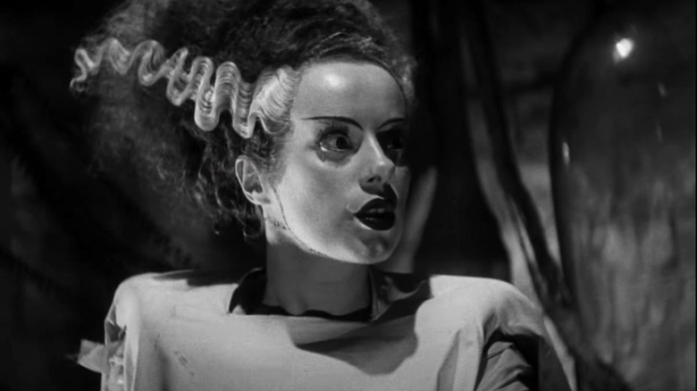 The female monster with a shocked expression in "Bride of Frankenstein."