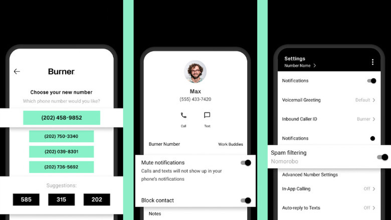 Different screenshots from the Burner app