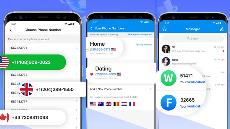 Screenshots showing different Second Number app screens