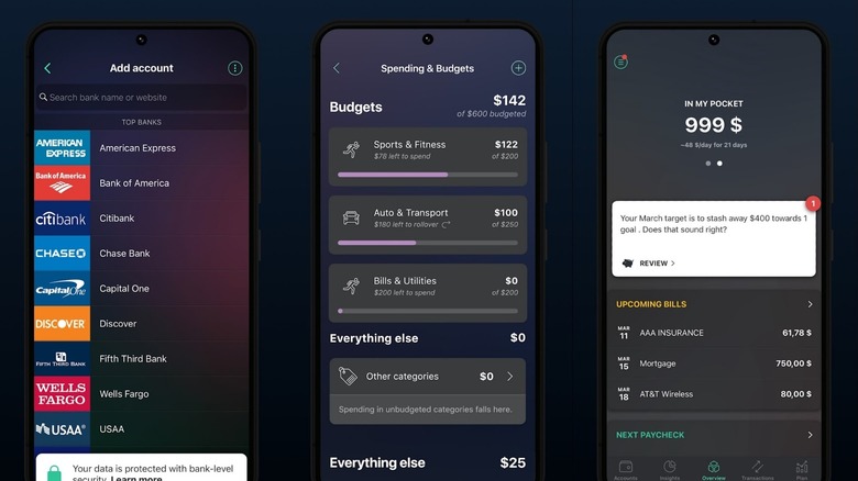 A series of screenshots showing the Pocketguard app in action