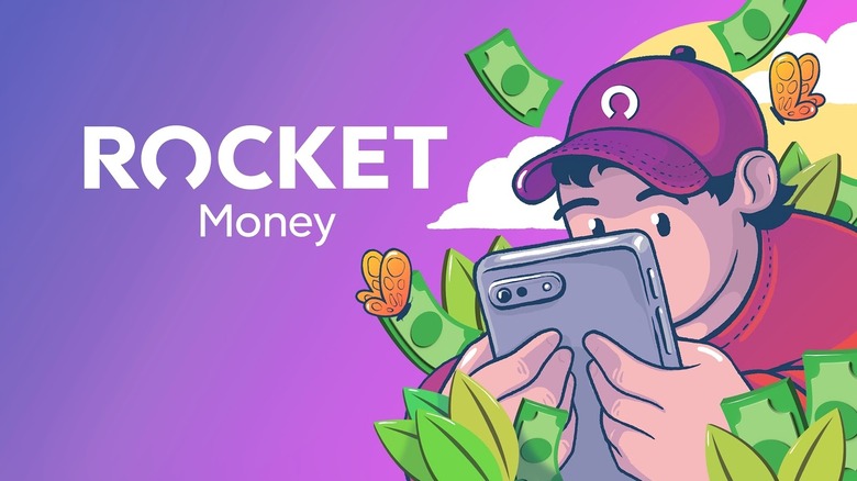 An illustration showing a person using their phone with Rocket Money logo on the side