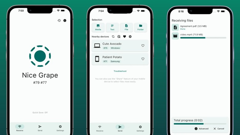 A series of screenshots showing LocalSend in action on a green bacckground