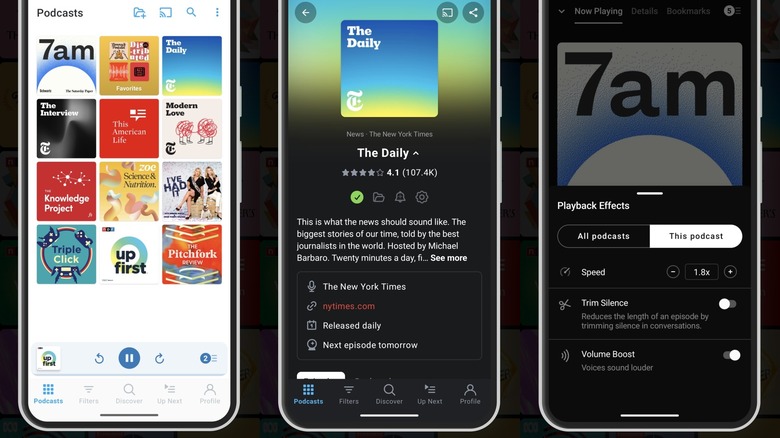 Screenshots showing the Android version of Pocket Casts in action