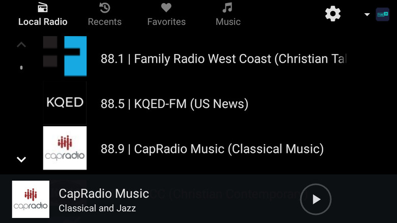 A screenshot showing TuneIn Radio on Android Auto