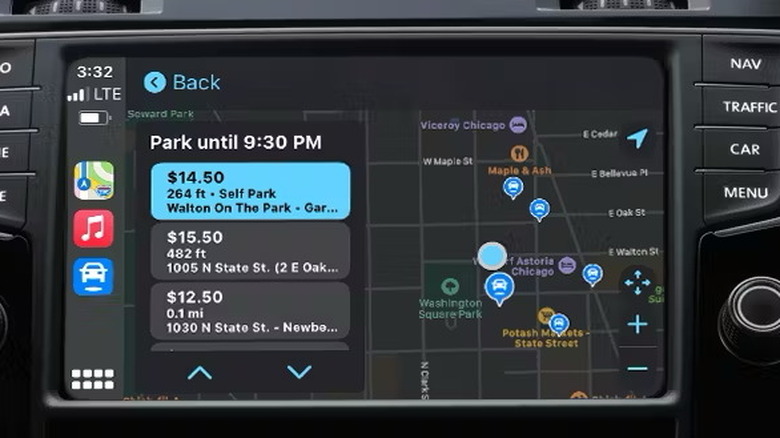 The SpotHero interface on Apple CarPlay.