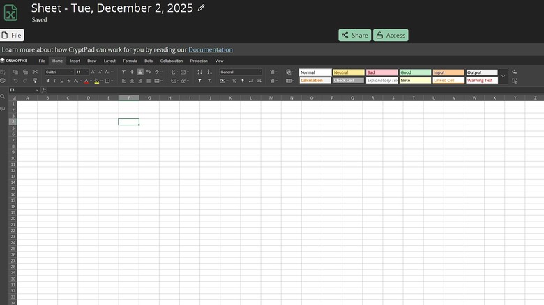 CryptPad Sheets program running inside web browser