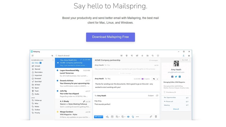 Mailspring homepage displaying download icon