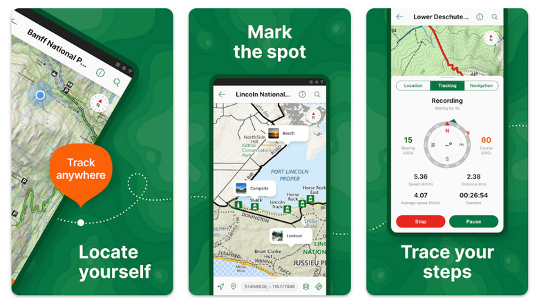 Screenshot of map navigation windows and menu options inside the Avenza Maps app