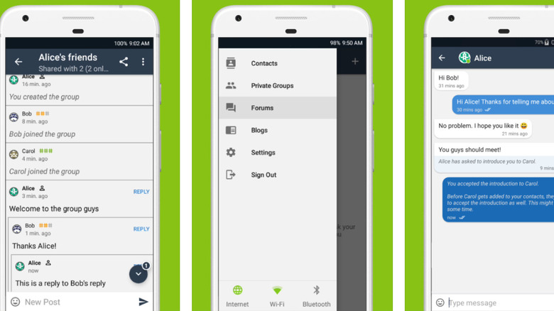 Screenshot of chat windows and menu options inside the Briar app