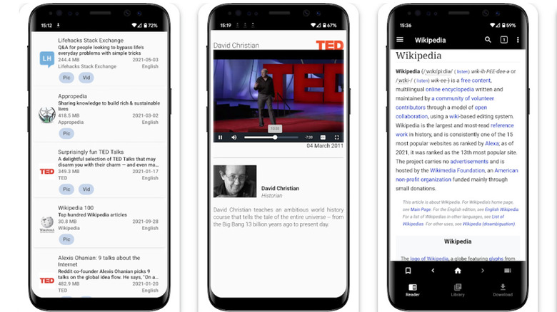 Screenshot of windows and menu options inside the Kiwix app
