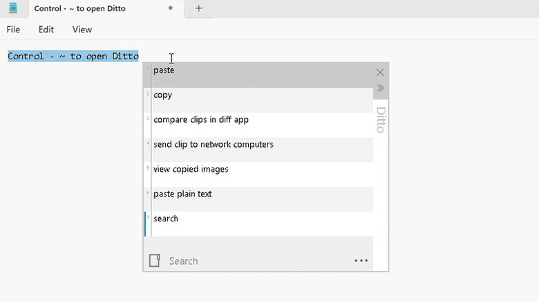 A screenshot showing Ditto Clipboard in action in the Notepad app