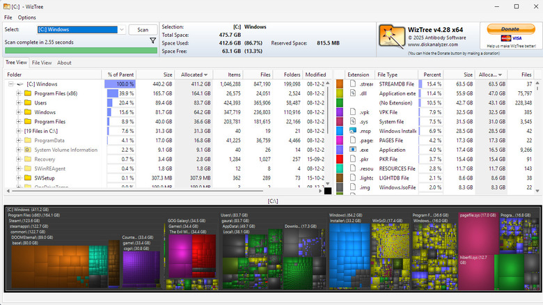 A screenshot showing the WizTree app in action on Windows