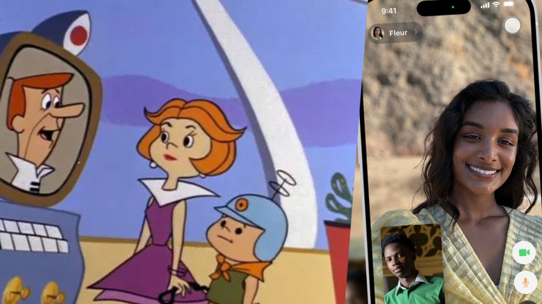 George Jetson on screen talking Elroy and Jane, iPhone next to them using Facetime