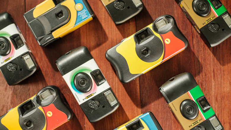 Several disposable cameras side by side on a table