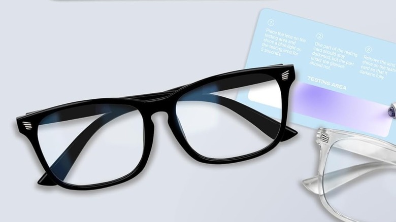 The livho High Tech Blue Light Glasses placed next to a blue light testing card.