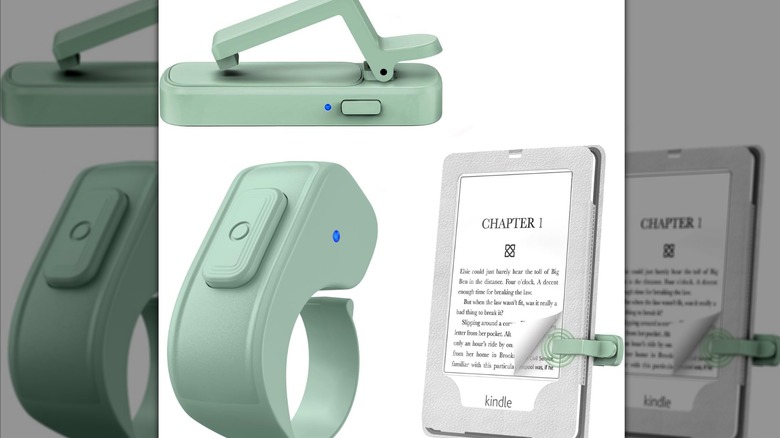 A Jimzoo Page Turner Ring and its companion clip on a tablet.