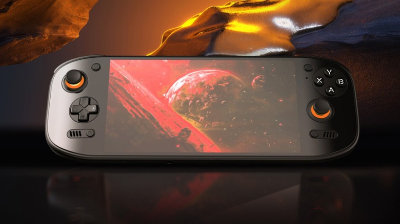 AYN Odin 2 Portal handheld gaming console in front of artistic background
