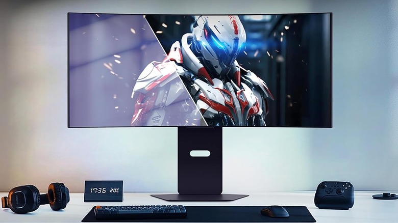 LG 45 inch Ultragear 45GX900A-B OLED gaming monitor on desk.