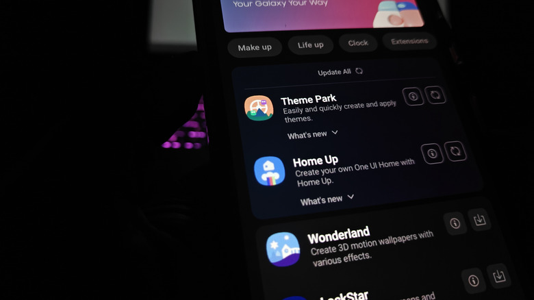 a list of Samsung Good Lock modules on a phone showing Home Up in the center