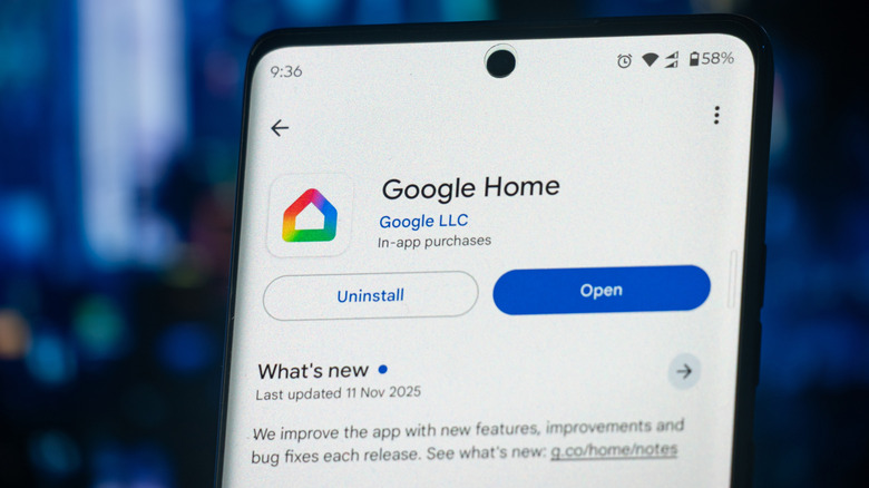 Phone showing Google Home app Play Store listing page