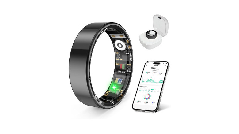 Prxxhri VR11 Smart Health Ring, a case, and a smartphone with the