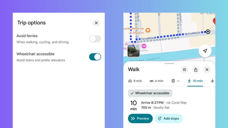 Google Maps showing Trip Options to avoid stairs