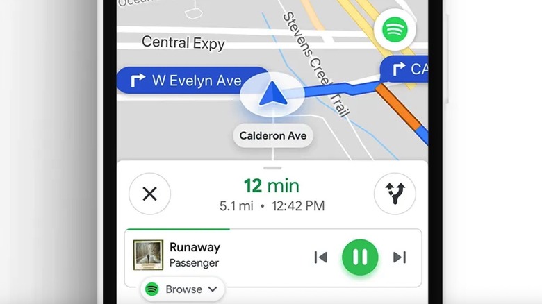 Playback media controls for Spotify enabled on an older version of Google Maps for Android.
