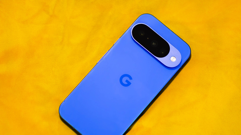 Blue Pixel on yellow background showing rear of phone