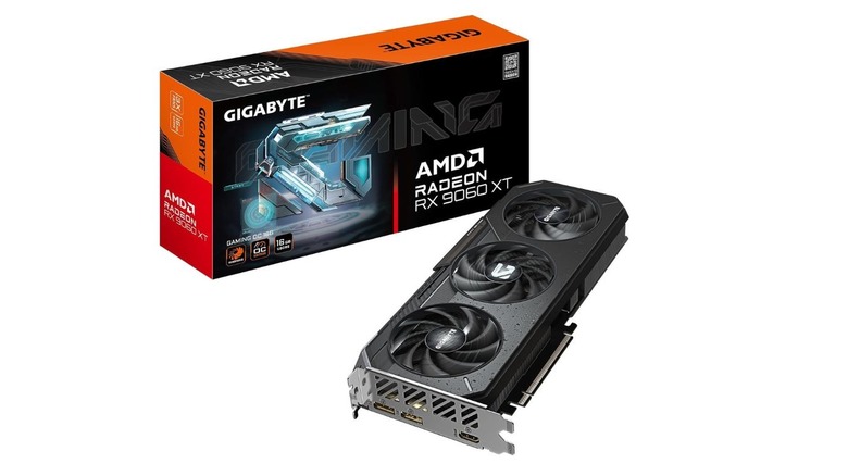 A picture of the 9060 XT graphics card alongside its packaging. The packaging has the GIGABYTE and AMD Radeon logos alongside the card's name