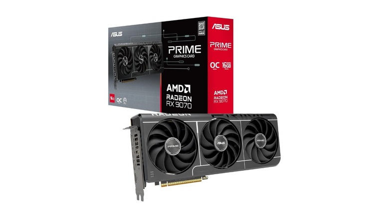 ASUS's Radeon RX 9070 along with its packaging; the box shows various labels such as ASUS, PRIME, and AMD Radeon, as well as the card's name