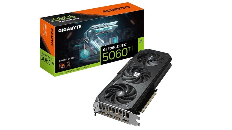 A picture of the 9060 XT graphics card alongside its packaging. The packaging has the GIGABYTE and Geforce logos alongside the card's name