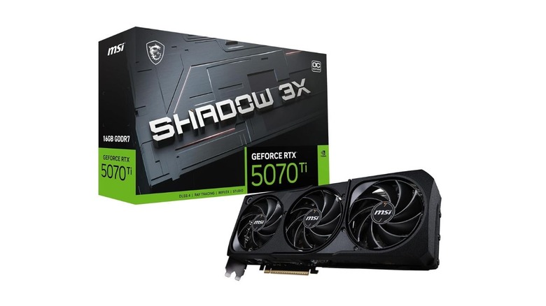 The NVIDIA RTX 5070 Ti msi graphics card alongside the box it comes in; the package has the msi logo, the name of the GPU, and has SHADOW 3X written on the side