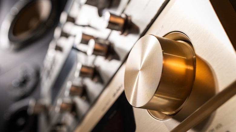 The large volume knob on a high-end audio receiver