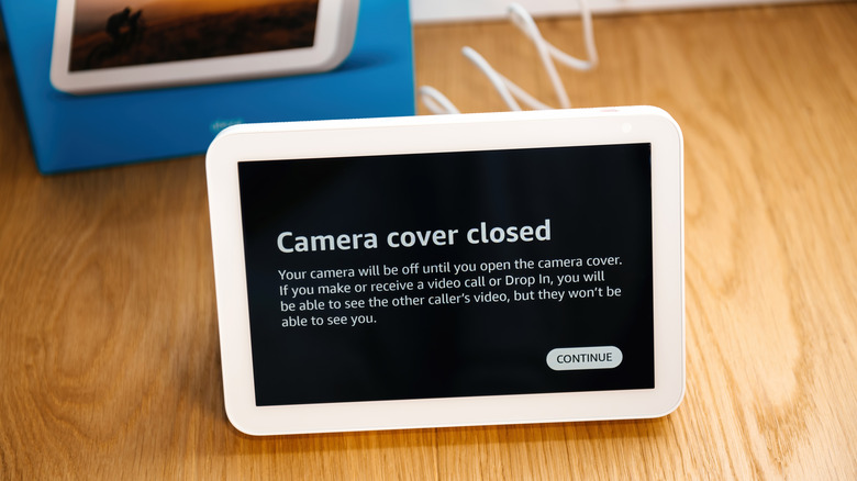 An Amazon Echo Show showing a camera cover closed message.
