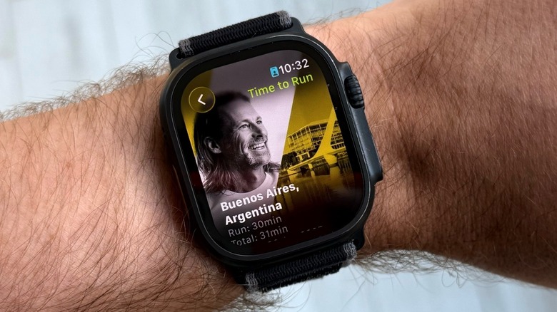 An up-close shot of an Apple Watch Ultra on a wrist displaying Time to Run program